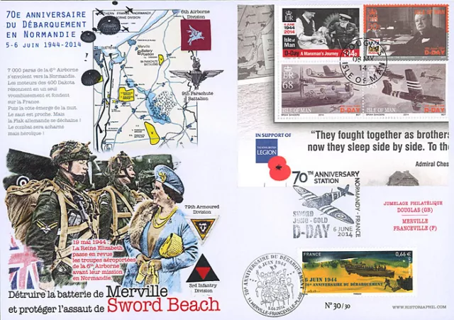 FDC FRANCE - ISLE OF MAN "70 Jahre Landung Normandie / Königin ELIZABETH" 2014