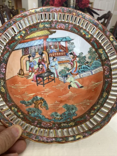 Vintage Chinese Hand Painted Porcelain Bowl Great Scenery 10” W Stamped