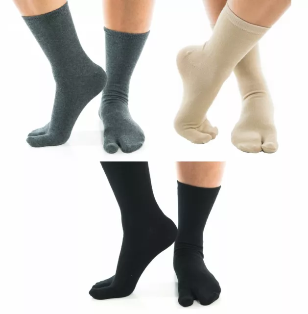 3 Pairs - V-Toe Flip Flop Tabi Socks Black, Khaki and Grey Comfortable Crew Big
