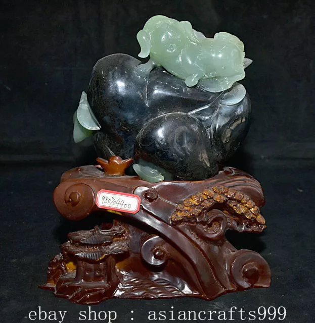 10" Chinese Natural Xiu Jade Carved Fengshui 12 Zodiac Year Dog Statue Sculpture