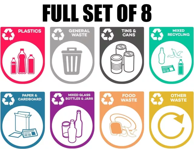 Mixed Set of Recycling Bin Sign Sticker Labels Signs - Full set of 8 easy peel