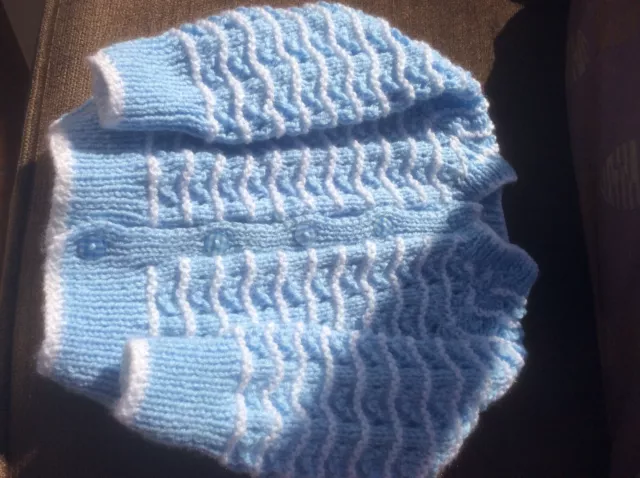 Brand New Hand Knitted Baby Cardigan Pale Blue/white Size 3-6 Months 18"