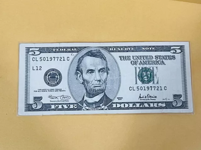 2001 Series 5$ Dollar Old Style White Note Good Condition 22 Years old Currency