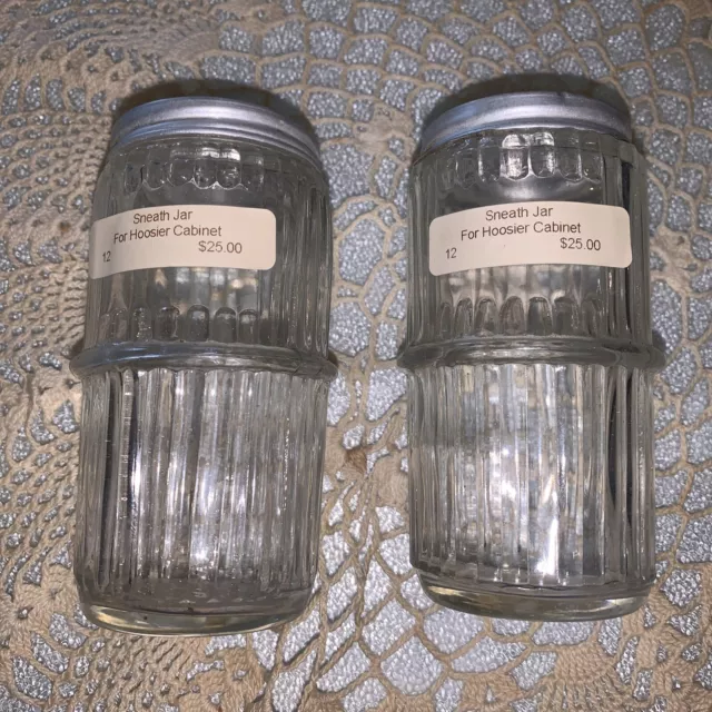 2 Hoosier Cabinet Spice Jars Vintage Ribbed Glass Metal Lids