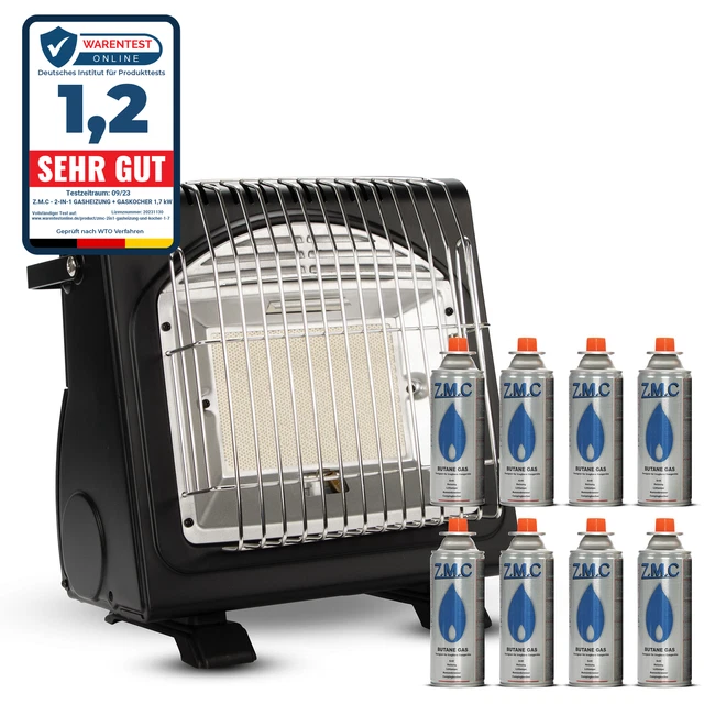 2in1 Tragbare Gasheizung Camping Butan Gas Kocher Keramik +8 Gaskartuschen 1,7KW