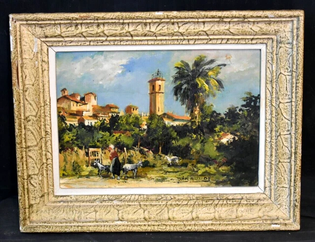 Tableau ancien huile paysage animé bergère et ses chèvres signé XXème