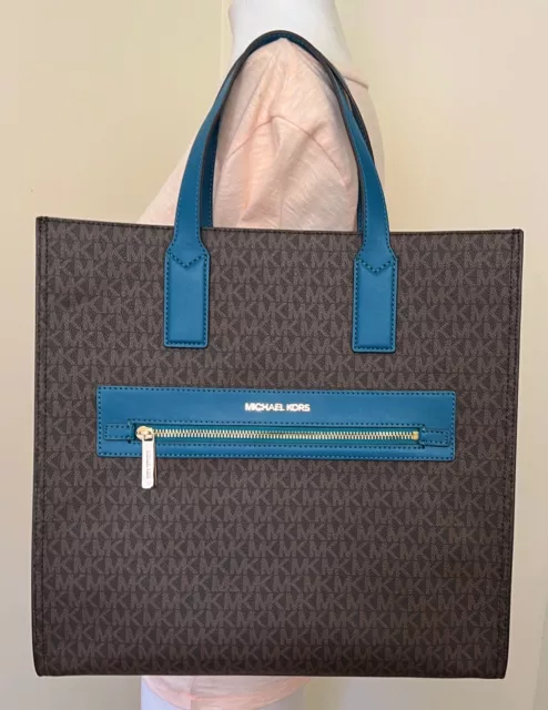 Michael Kors Kenly Large Brown Blue Lagoon MK Signature Tote Shoulder Bag