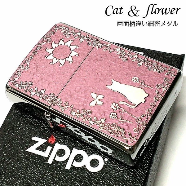 Zippo Oil Lighter Cat Flower Pink Metal Plate Silver Etching Regular Case Japan