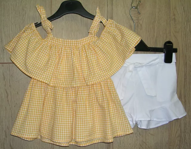 River Island Girls Yellow Gingham Top White Frilly Shorts Age 18-24 Months