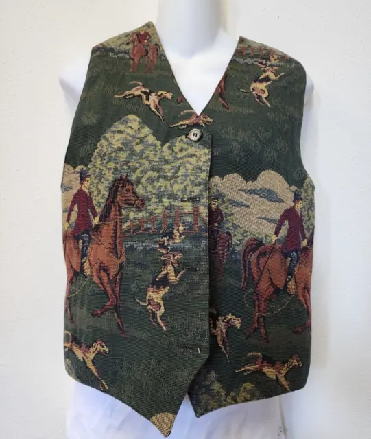 Vintage Vest Women M Fox Hunt Needlepoint Granny Core Lined Cinch Back