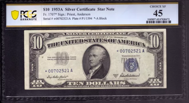 1953 A $10 Silver Certificate Star Note Fr.1707* Pcgs B Choice Xf Ef 45