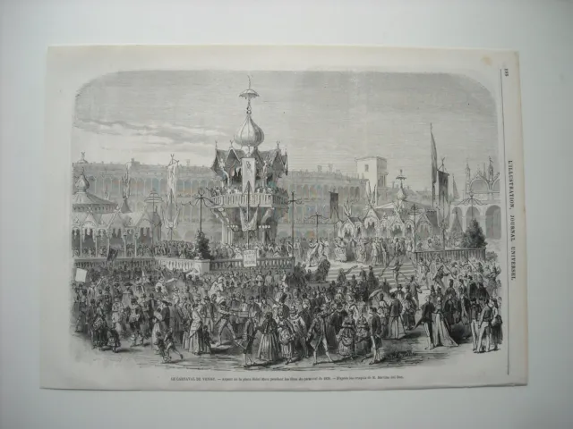 1870 Engraving. The Carnival Of Venise.  St. Mark's Place Appearance During The Holidays.