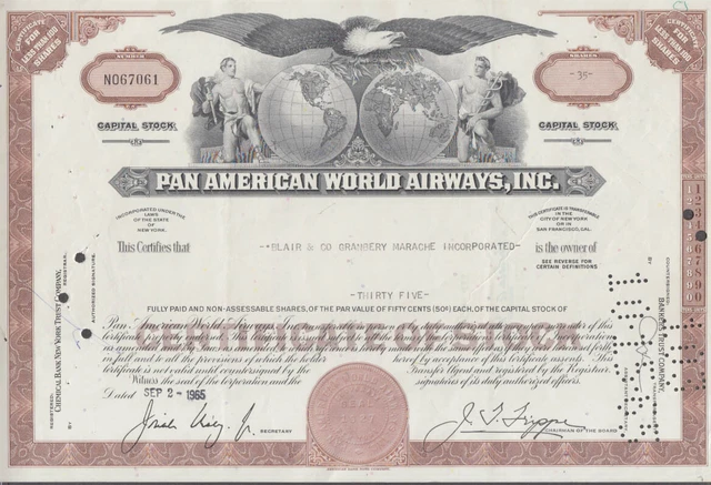 Pan American World Airways airline stock certificate thirty-five shares 1965