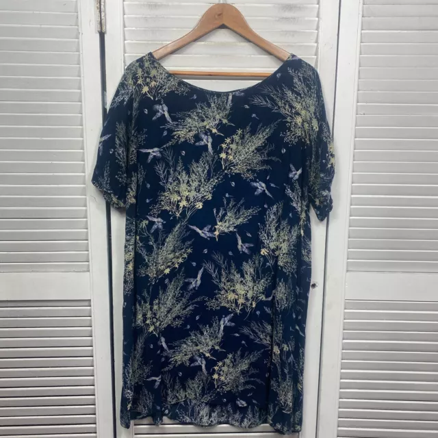 Missy Q Womens Dress Size 16 Short Sleeve Navy Floral Bird Print Knee Length