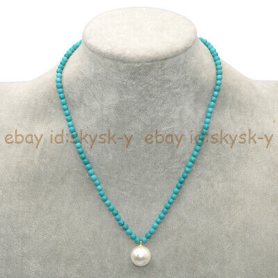4mm Blue Turquoise Gems Beads 14mm Round White Shell Pearl Pendant Necklace 18''