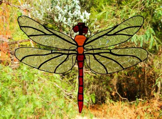 SPIRIT DRAGONFLY huge Hand Crafted STAINED GLASS SUNCATCHER AMBER RED CRYSTAL