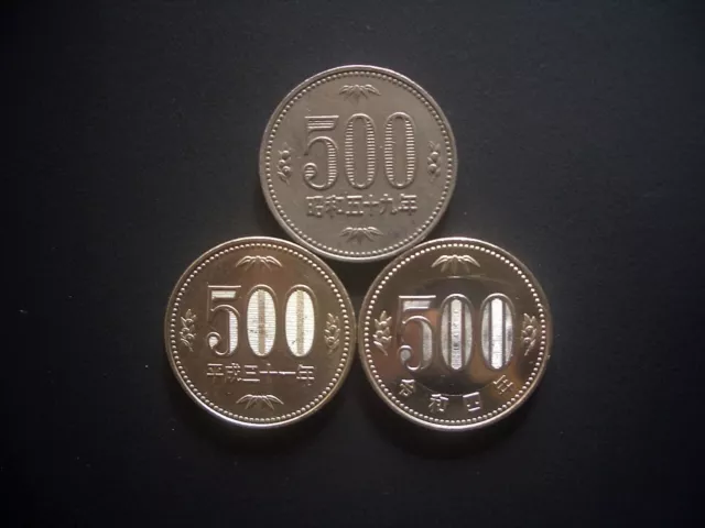 Three types of Japanese 500 yen coins, circulated, issued in 1984, 2019 & 2022