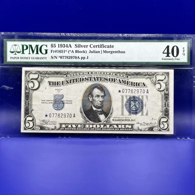 1934A $5 Silver Certificate FR-1651* - Star Note - Graded PMG 40 EPQ