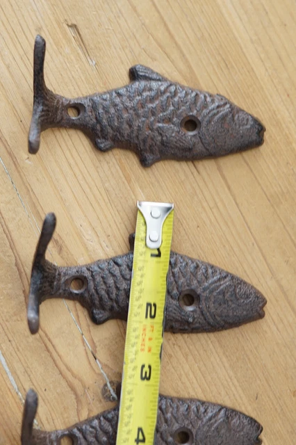 3 Fish Wall Hook Coat Hat Towel Beach Koi Hooks 4 3/4" Rustic Cast Iron Bath 5