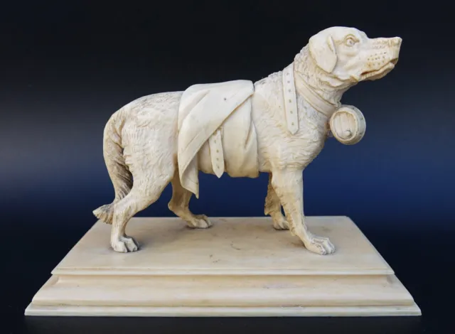 Early 19Th Century French Hand Carved St Bernard Mountain Rescue Dog Figure