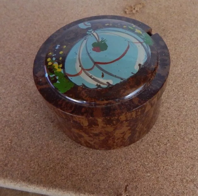 Vintage Art Deco celluloid Dressing table pot Hand Painted Lady in dress on lid