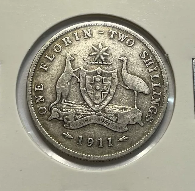1911 Florin Coin - good Fine - George V Silver Predecimal Scarce Date Australian