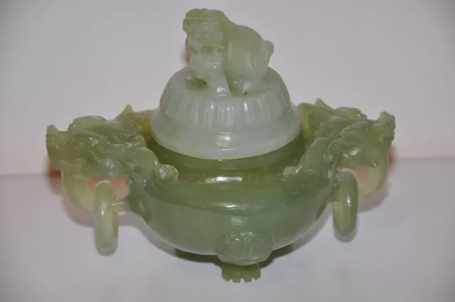 Antique Chinese Green Jade Carved Dragon Ink Well - Dog Mini Vase Perfume