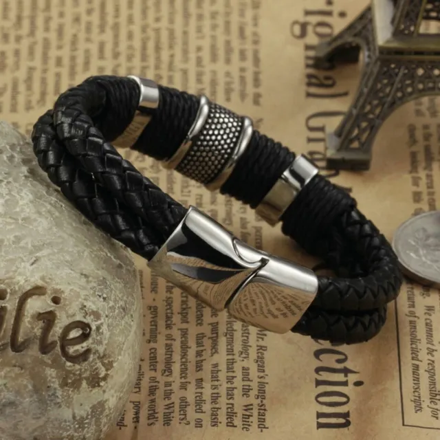 Men's Stainless Steel Leather Bracelet Magnetic Silver Clasp Fashion Bangle