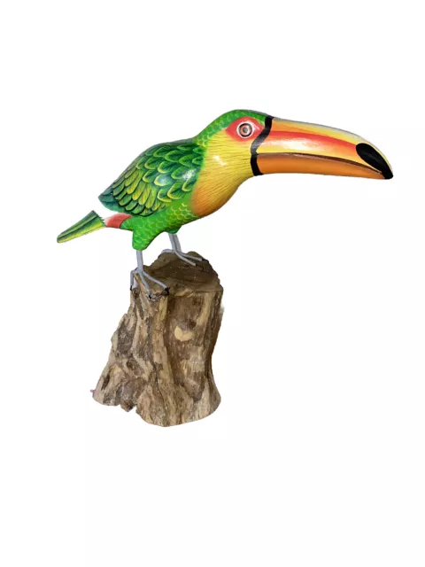 Toucan On Driftwood Base  Hand Carved Wood Tropical Sculpture Bird Decor Tiki