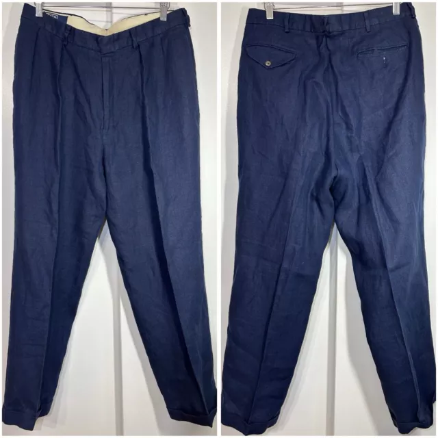 Polo By Ralph Lauren Men's Pleated 100% Linen Trouser Navy Blue Pants Size 36x32