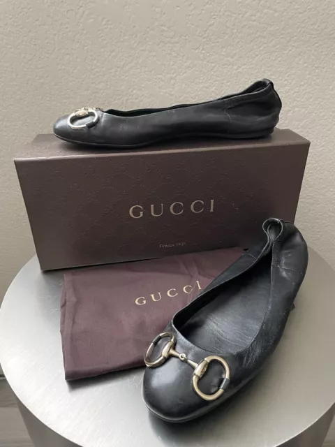 Gucci Black Leather Horsebit Loafer Ballet Flats Size 37