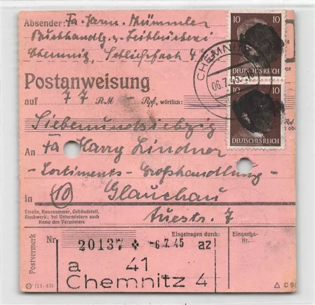891576) SBZ Postanweisung mit AP 826 I (4) aus Chemnitz n. Glauchau