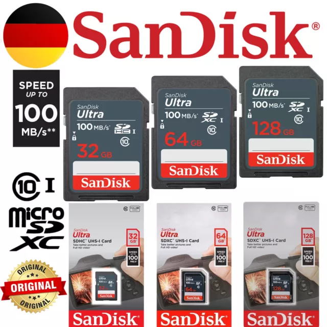 Sandisk Ultra SD Speicherkarte 32GB 64GB 128GB, UHS-I, Class 10, Full HD Video