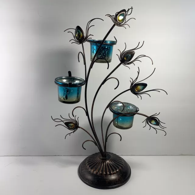 Vintage Metal Art Tea Light~Votive Candelabra~Teal Peacock Feathers Jeweled~16”