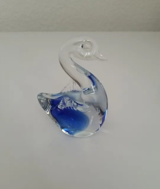 Vintage Blown Glass Swan Bird Clear Cobalt Blue Figurine Paperweight Art