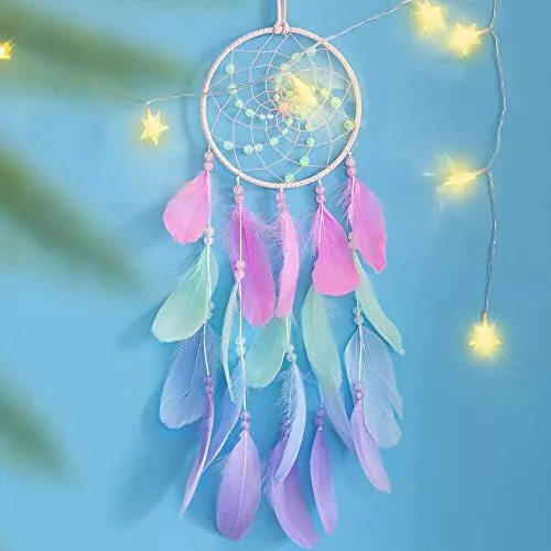 Luminous Dream Catchers for Girls, Handmade Pink Feather Native Wall Decoration