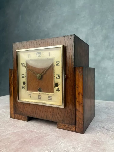 Antique Large Square Art Deco Mantle Clock Wood 1920s 1930s Chrome