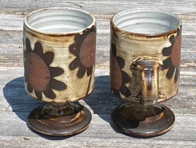 Vintage Briglin Pottery Studio  Pedestal Mugs Floral (Possibly Sunflower) Design 3