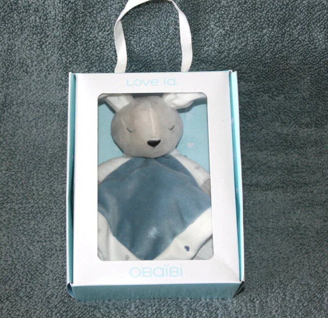 Obaibi Okaidi Doudou Lapin Plat Bleu Blanc Gris Coeur Neuf En Boite