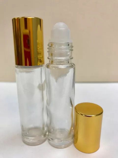 72 Bottles CLEAR 1/3 oz 10ml Glass Roll on W/Aluminum GOLD Cap & Roller