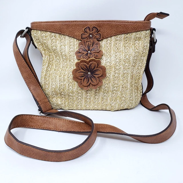 Kensie Vegan Faux Leather Straw Brown/Beige Floral Crossbody Shoulder Bag Purse