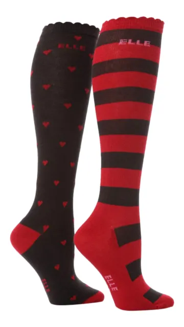 2 Prs Girls Elle Over Knee Red Hearts Stripe Socks