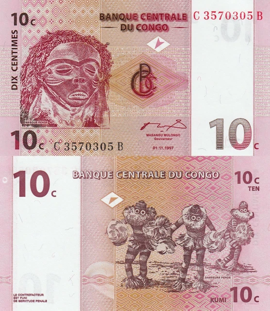 Congo DR 10 Centimes (01.11.1997) - Mask/Dancers/p-82 UNC