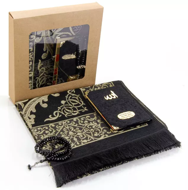 Islamic Prayer Rug Set Bag-Size Yaseen Prayer Beads Janamaz Sajadah Black