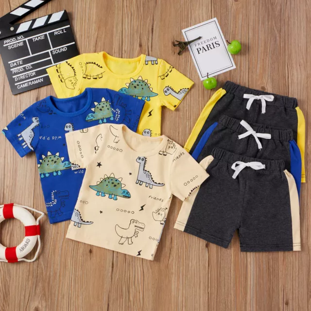 Toddler Baby Boys Girls Short Sleeve Cartoon Dinosaur Tops+Shorts Sports Outfits