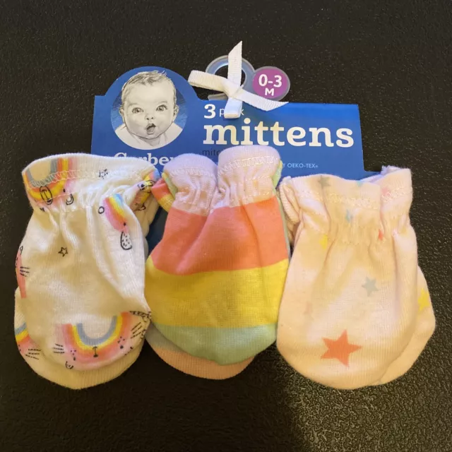 Gerber 3-Pack Mittens Thin Gloves Newborn Baby Girl 0-3 M Months Pink White Teal