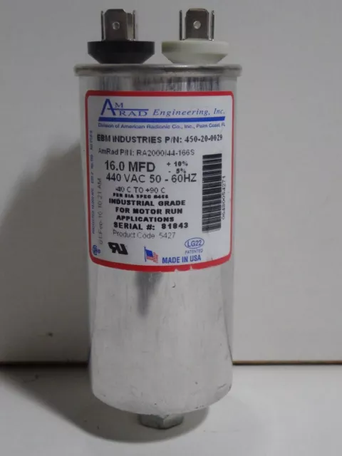 16.0 MFD x 440 VAC Motor Run Capacitor AmRad 81861 P code 5427 Made in USA