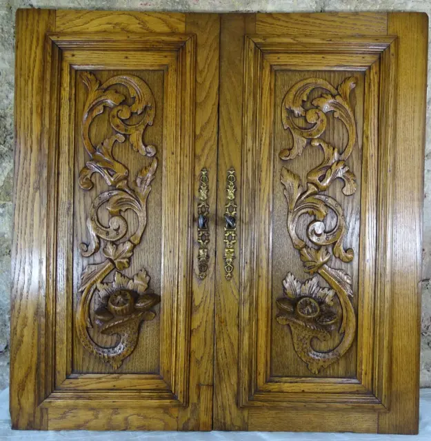 Antique French Pair Carved Wood Doors Wall Panels Solid Oak Salvage
