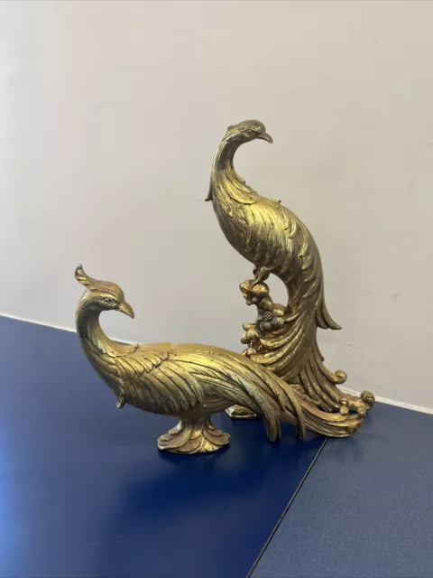 2 Vintage Peacock Bird Figurines Midcentury Decor Statues Gold