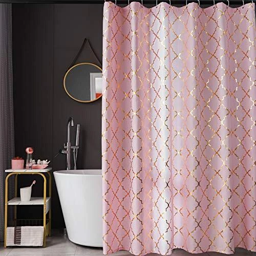 Geometric Shower Curtain Set - Metallic Gold Foil Moroccan Lattice Pattern